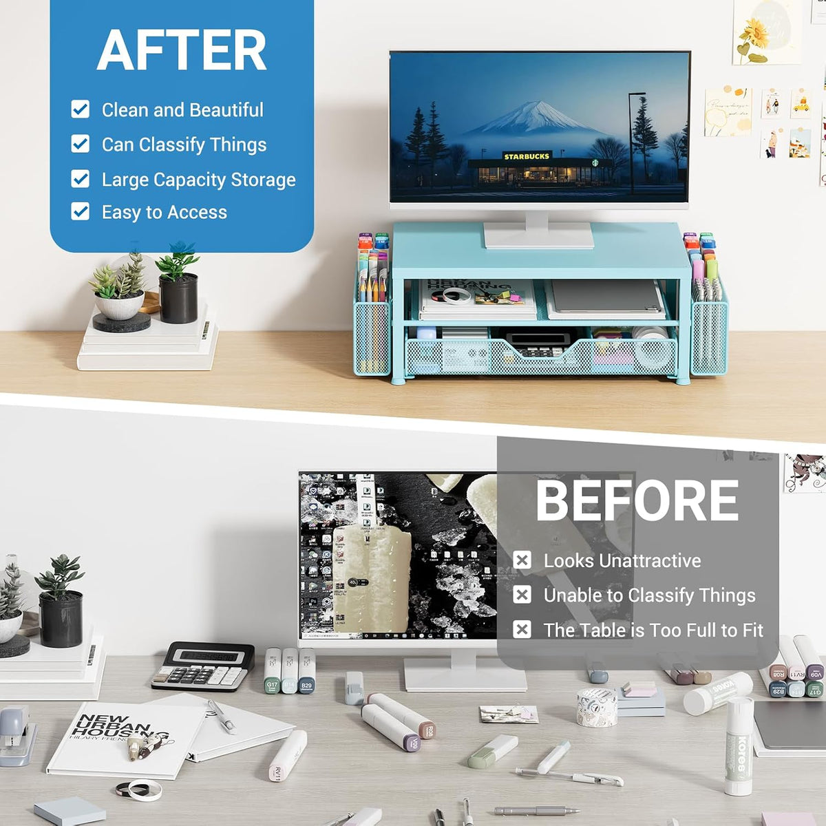 Desk Organizer, Monitor Stand Riser with Drawer and 2 Pen Holders - Image 2
