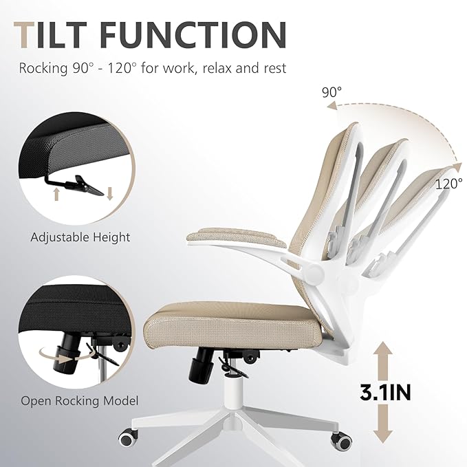 Ergonomic Office Chair with Lumbar Support, High Back Mesh Desk Chair with Flip-Up Arms, Adjustable Computer Task Chair, Khaki - Image 3