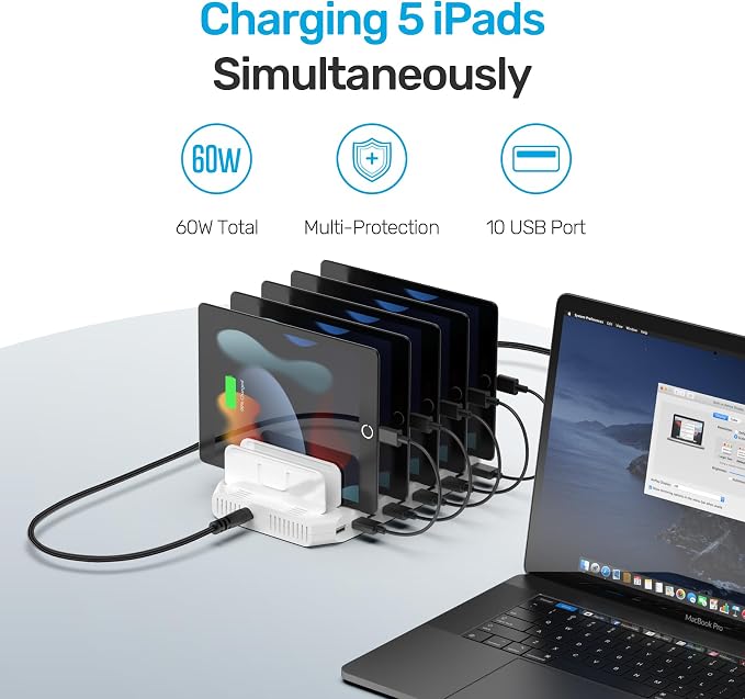 【5PCS】Unitek 10-Port Charging Station, USB Charger Dock for Multiple Device | Multi Charging Dock Smart IC Tech Adjustable Dividers USB Type A Fast Charging Stand for iPad, Tablet, Kindle, iPhone, Family - Image 9