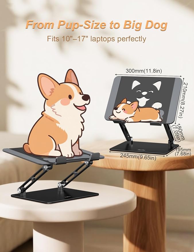 Aoviho Aluminum Laptop Stand for Desk Fit for All 10"-17.3" Laptops, Black | Height-adjustable Notebook Holder, Ergonomic Computer Riser with Unique Puppy Cooling Vent, for Mac, Dell, Lenovo, HP - Image 4