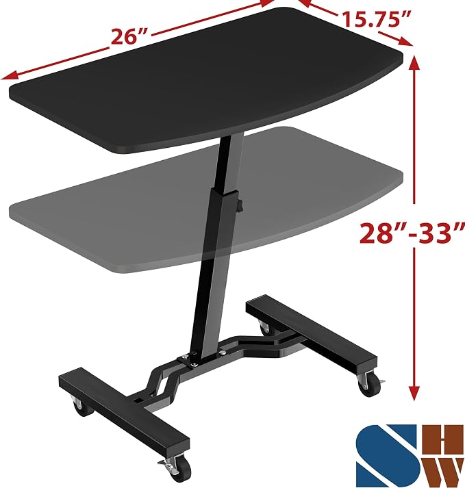 SHW Mobile Height Adjustable Laptop Rolling Cart w/Lockable Wheels, Black | Height Adjustable from 28" to 33" - Image 3
