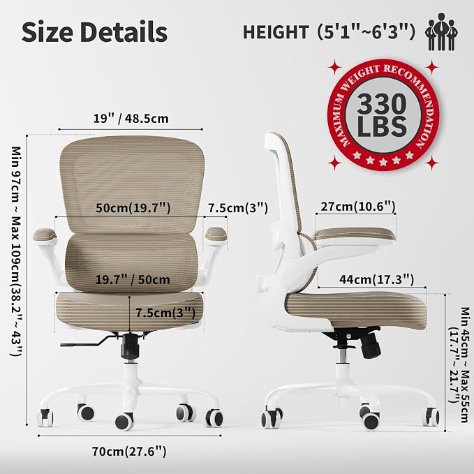 TRALT Ergonomic Office Chair Desk Chair with Adjustable Lumbar Support | Desk Chair Comfy with Flip-up Armrests Ergonomic Chair - Mesh Computer Chairs for Adults, 330lbs, PU Leather (Khaki, 1) - Image 2
