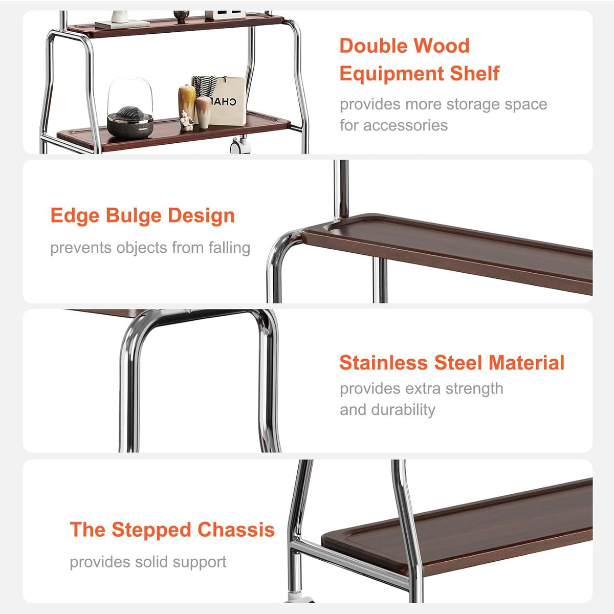 Easel Rolling TV Stand for 32-75" TVs, Stainless Steel TV Cart with Shelf - Image 4