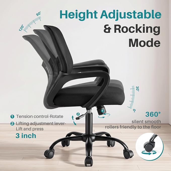 OLIXIS Ergonomic Office Desk Chair, Mid-Back Executive Computer Chair | Fixed Armrest, Rocking Mode, Height Adjustable, 360° Rolling Swivel Adults, Student, Black - Image 4