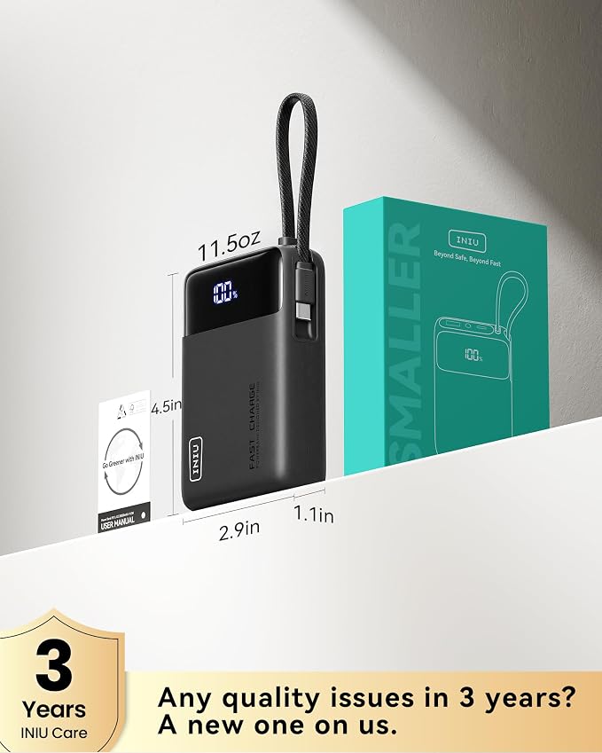 INIU Portable Charger, Smaller 45W Fast Charging Power Bank, 20000mAh Black | Flight-Safe, Built in USB-C Cable, Travel Essentials, Battery Phone Pack for iPhone 17 16 15 Pro, Samsung S26 S25, iPad etc - Image 7