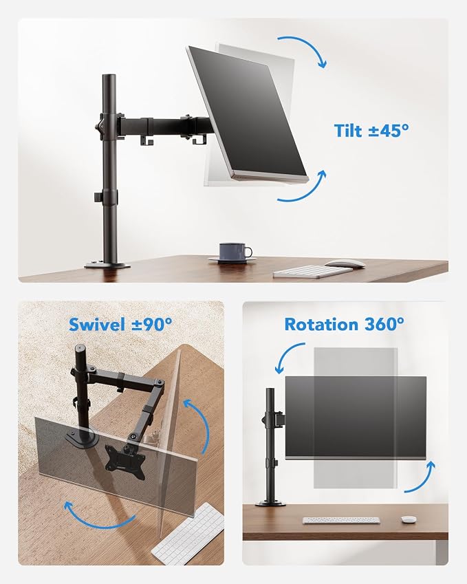 HUANUO Single Monitor Mount, Monitor Arm for 13”-32” Monitors up to 17.6 lbs, Adjustable Stand with 16” Max Height, Desk Mount with C-Clamp and Grommet Base, VESA 75x75mm or 100x100mm | 16 inch height, full-motion adjustment, C-clamp or grommet mountin... - Image 3