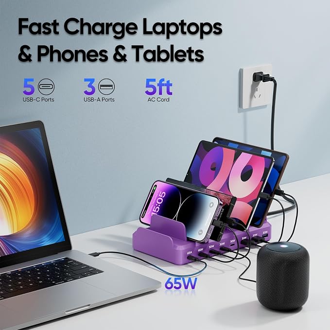 300W Charging Station for Multiple Devices, 8 Port Multi USB C Fast Charger Station Dock for MacBook iPhone 16/15/14/13/12 Samsung Pixel Series iPad, Purple (6 Mixed Short Cables Included) - Image 2