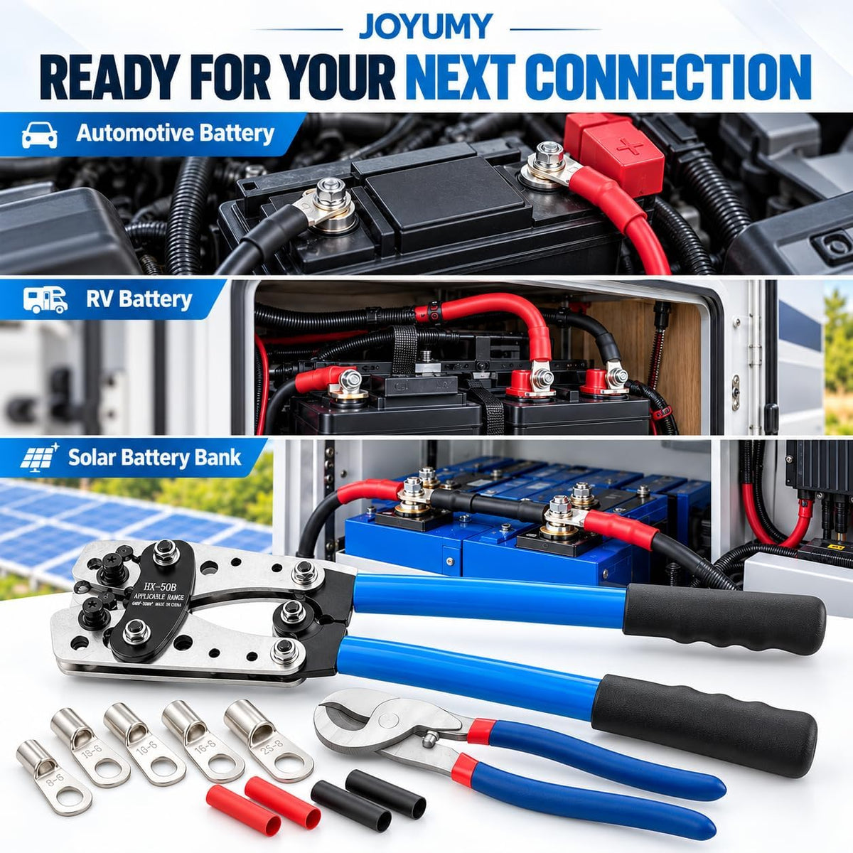 Battery Cable Lug Crimping Tool Kit, AWG 10-1/0 Gauge Wire Crimper, Battery Cable Crimper Tool with Cable Cutter, 64pcs Copper Wire Lugs, 70pcs Heat Shrink Tubes - Image 3