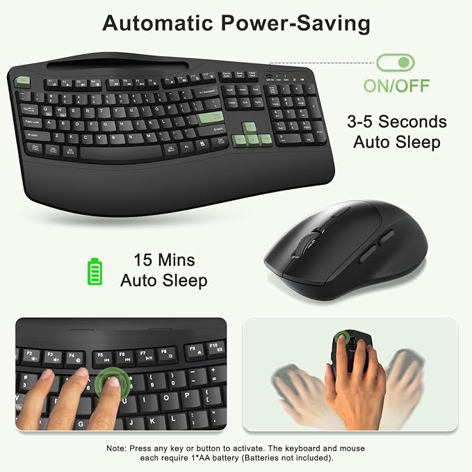 Wireless Keyboard and Mouse Combo, 2.4G Ergonomic Wave Keys(AvocadoGreen) | Full Size Ergonomic Keyboard with Wrist Rest, Phone Holder, 3-Level DPI Silent Mouse with 6-Buttons,for Windows/Mac OS/Laptop - Image 6