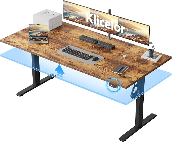 Klicelor 63 Inch Large Electric Standing Desk, Height Adjustable Office Desk, Sit Stand Up Computer Gaming Desk with Memory Preset, Three-Piece Desktop, Rustic Brown by Unknown