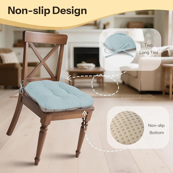 Chair Cushions for Dining Chairs Set of 2, 18"x18"x3", Aqua Blue | Non-Slip with Ties, Tufted, Faux Linen, Seat Cushions for Dining Room Kitchen Breakfast Nook Indoor Home Office Living Room - Image 4