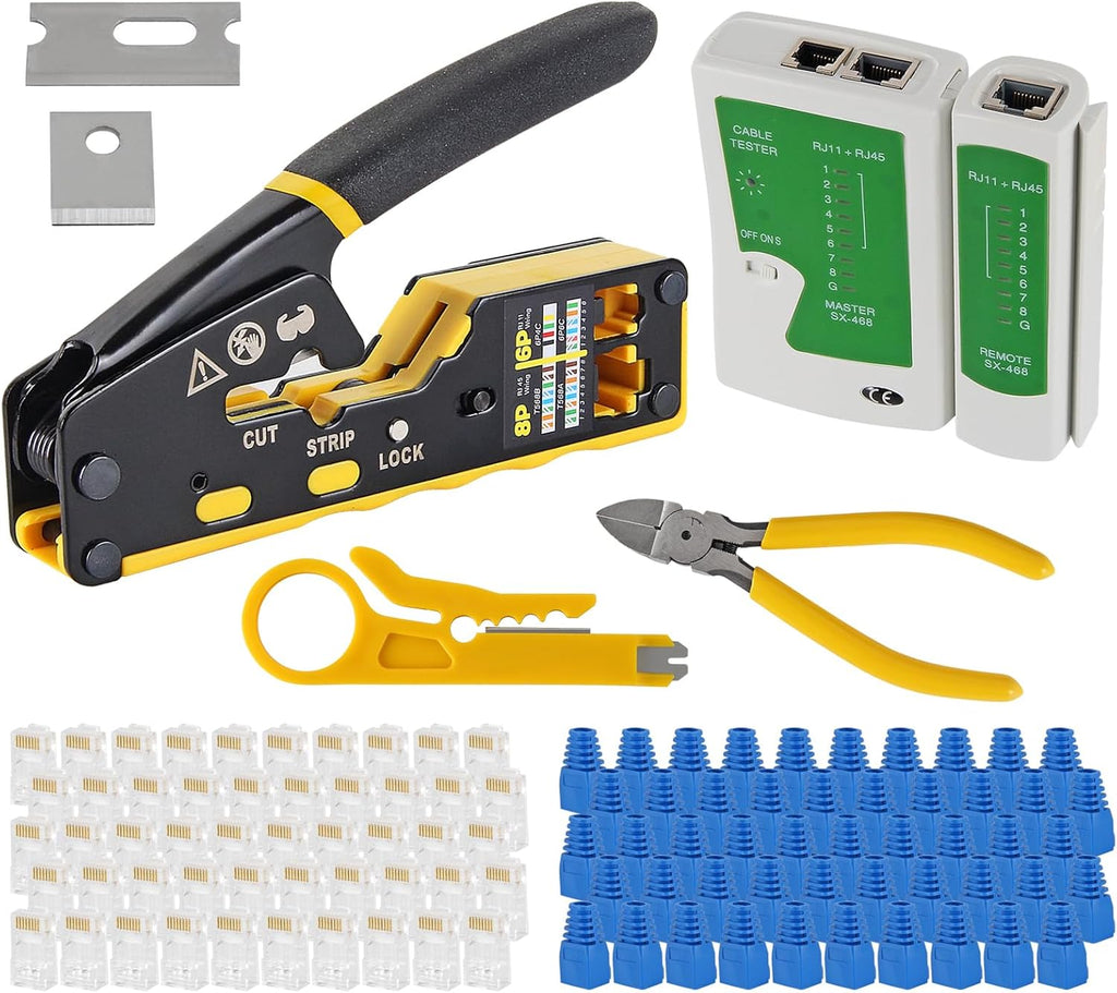 RJ45 Crimp Tool Kit Ethernet Crimping Tool kit for 8P-Cat7 Cat6 Cat5 6P Telephone Connector Network Crimp Tool RJ45 Crimper With Cable Tester Covers Connectors by AEDIKO