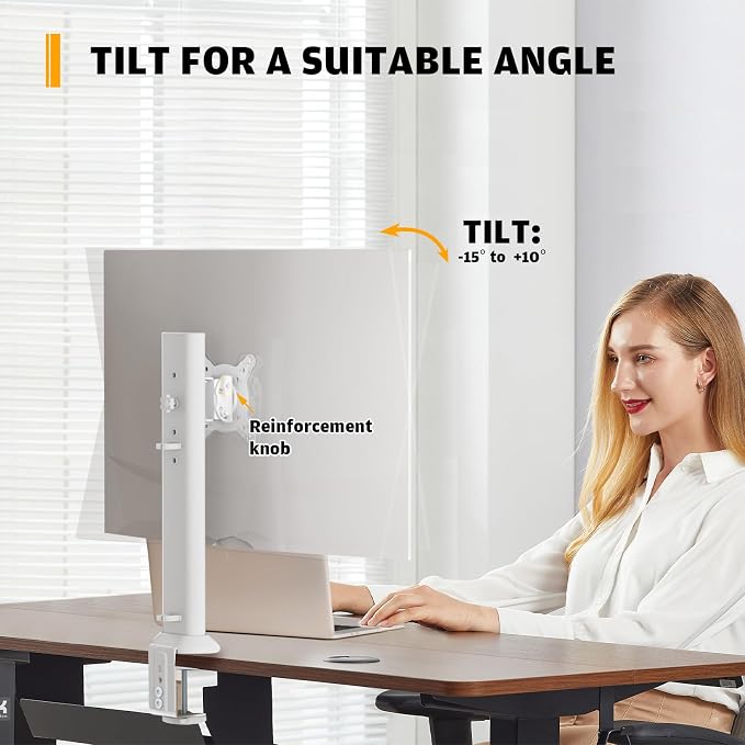 Hemudu Single Desk Monitor Arm Mount Stand Fit for 13 inch to 32 inch Flat Curved Computer Screen with Swivel, Height Adjustable, Rotation,Holds up to 77lbs, White - Image 3
