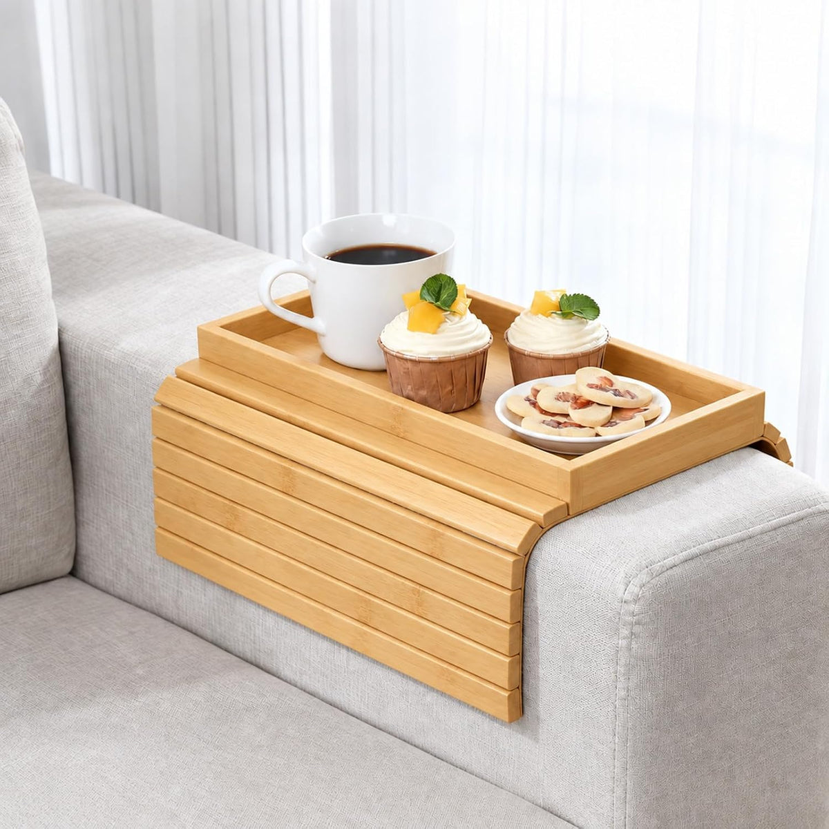 Bamboo Couch Arm Tray, Foldable Sofa Tray Table for Couch, Anti-Falling Sofa Cup Holder, Portable Sofa Arm Chair Table for Drink,Cups, Eats，Snacks, Phone, Remote, Natural by Lacwabvh