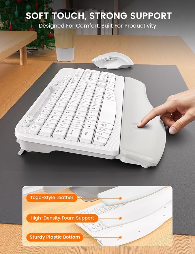 Wireless Keyboard and Mouse Combo with Ergonomic Wave Key | Leather Soft Palm Rest, Rechargeable, 4-Level DPI, Phone Holder, 2.4GHz, MA22 Plus Full Size Set for PC, Laptop, Windows, Mac - Image 3