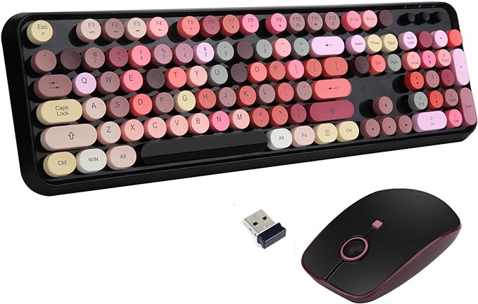 Wireless Keyboard and Mouse Combo,Creamy Retro Round Keys for PC Laptop | Colorful Lipstick Keyboard,Typewriter Style Bubble Keys,Clicky Sound,2.4GHz Full-Size with Number Pad,for Long Nails Desktop by LETTON