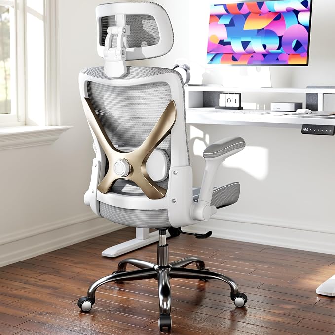 Ergonomic Office Chair:Home Office Desk Chairs with Headrest Lumbar Support | Ergalithic Ergonomic Desk Chair X-Shaped Mesh PU Leather Executive Computer Chair High Back Flip-Up Arms for Long Hour(W-G) - Image 2