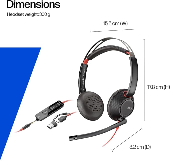 Poly Blackwire 5220 Wired Headset - Flexible Boom Mic - Noise Cancelling Headphones with Mic - USB-C, USB-A, 3.5mm - Ergonomic Over-Ear Design - Works with Microsoft Teams, Zoom - Work from Home - Image 6