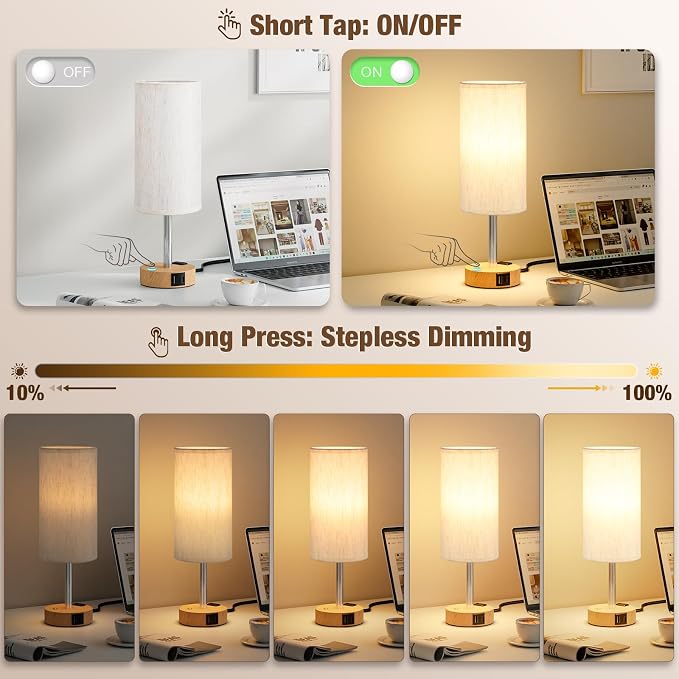 Touch Bedside Table Lamp for Bedroom, Stepless Dimmable, USB A+C, AC Outlet | Base Touch Button Only, Memory Brightness, Ultra-dim Night Light, Included Bulb for Optimal Dimming, Wood Grain Base, Nursery - Image 2
