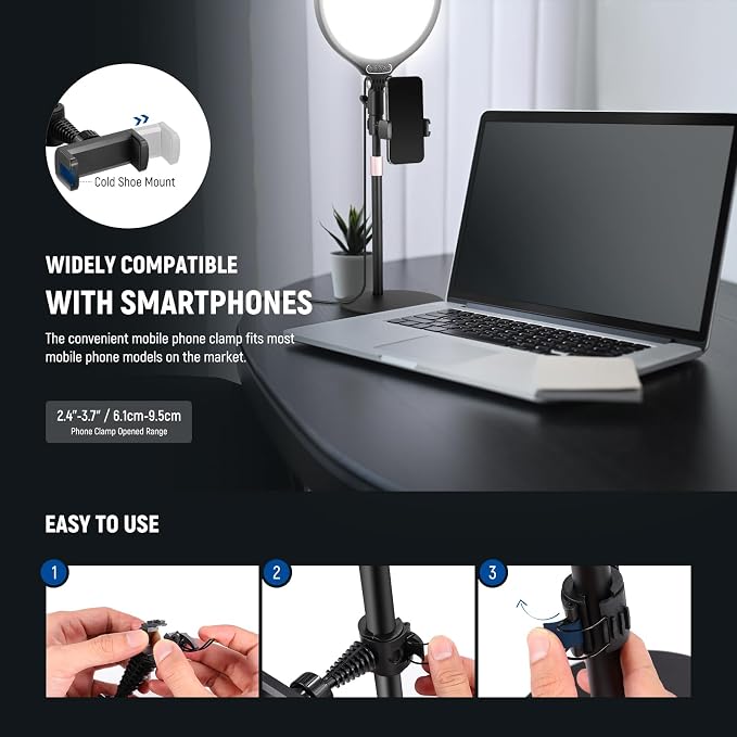 NEEWER Basics 2 Pack 10.5" Desktop LED Ring Light with Stand for Desk/Phone Holder, 3000-6500K Full Screen 15W Panel Lighting for iPhone Recording Streaming Selfie Laptop Webcam Video Conference, R10 - Image 6