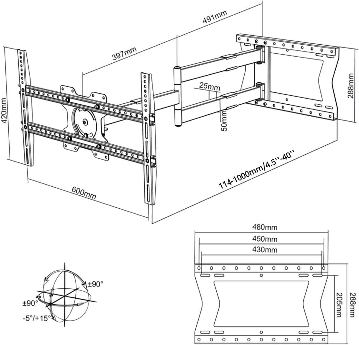 2100 Long arm TV Wall Mount for 32-75 Inch Screens Extra Long Extension up to 40 Inch Heavy-Duty TV Mount Holds up to 88 lbs Full-Motion, Swivels up to 180° Max. VESA 600x400, Black - Image 6