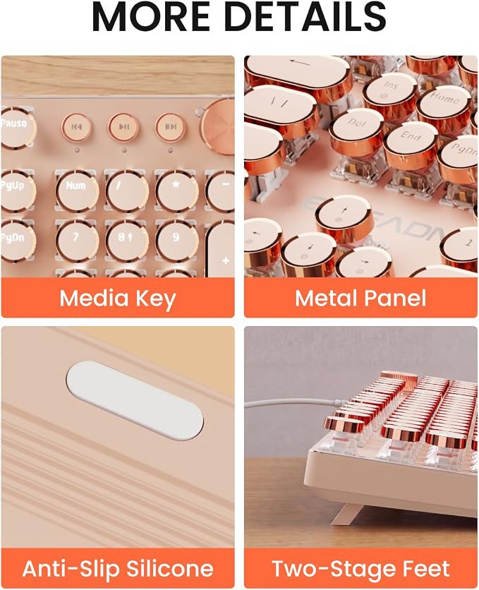 EWEADN Wired Typewriter Mechanical Keyboard, Low Noise Pink Switch Retro Punk Keyboard with Media Knob, White Backlit, Metal Panel, 104-Key Round Keycaps Cute Keyboard for Windows PC- Rose Gold - Image 8