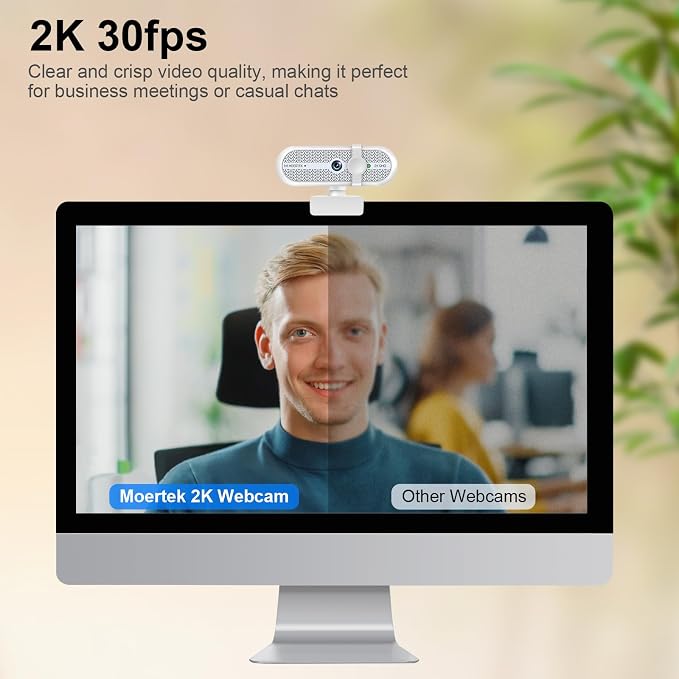 2K Webcam for PC, Webcam with Microphone and Tripod, Auto Light Correction, USB Camera Plug and Play, 90° Wide FOV, Privacy Cover, Works with Skype, Zoom, Meet, Teams, PC, Laptop, Mac, Tablet - Image 2