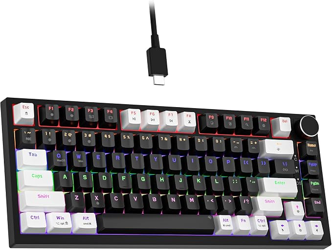 Newmen GM326 Mechanical Keyboard,75% Percent Gaming Keyboard,Wired Keyboard | Mechanical Keyboard,75% Percent Gaming Keyboard,Wired,Backlit,Hot Swappable,Compact,White/Black,PC Keyboards,Knob,Red Switch by NEWMEN
