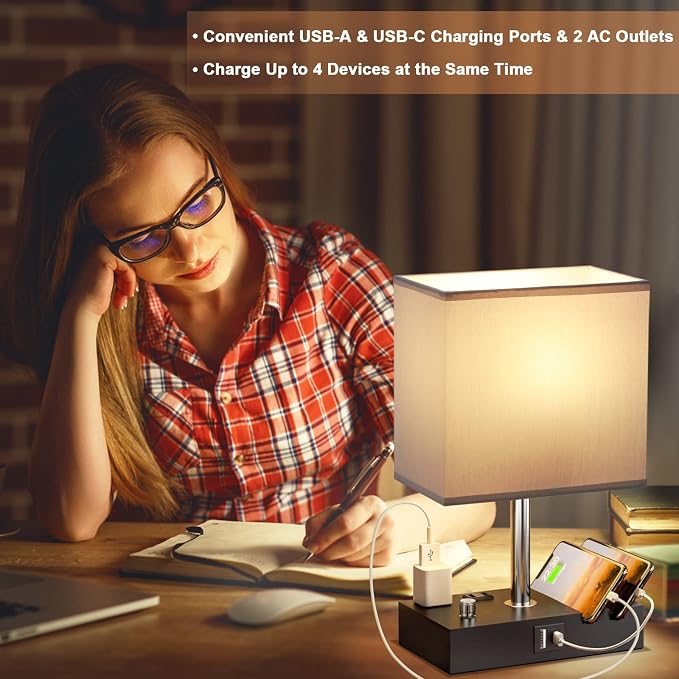 Grey Table Lamp for Bedroom - Stepless Dimmable, USB C+A, 2 AC Outlets | Dimming By Rotary Knob, USB C+A Ports, 2 Phone Stands, LED Bulbs Included, Rectangle Misty Grey Lampshade, for Living Room - Image 6