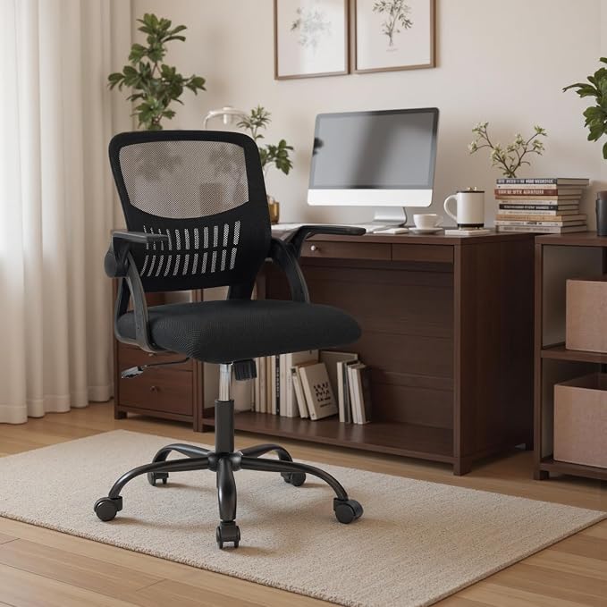 OLIXIS Ergonomic Office Desk Chair, Mid-Back Executive Computer Chair | Flip-up Armrest, Rocking Mode, Height Adjustable, 360° Rolling Swivel Adults, Student, Black - Image 9