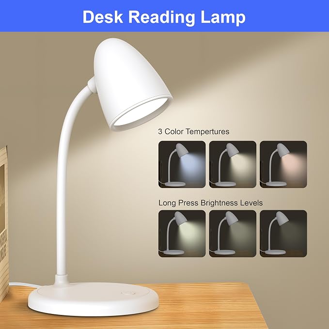 LED Desk Lamp for Home Office,Dimmable Table Lamp 3 Light Colors | Reading Light for Bedside Small Desk Lamp for College Dorm Room,Bedroom Desk Light,White - Image 6