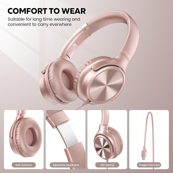 Cowyawn USB C Headphones Wired, Over Ear USB C Wired Headphones with Microphone, Volume Control, HD Stereo Sound, Foldable USB Type C Headphone for Adult/Teens/Laptop/Computer/iPhone 15/16/17, Rose - Image 3