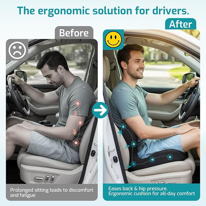 Trucker Seat Cushion, Thick Car Seat Cushions with Lumbar Support Pillow, Ergonomic L-Shaped Orthopedic Memory Foam for Long Driving Lower Back Pain Sciatica Relief Gift for Drivers (Black+Mesh cloth) - Image 4