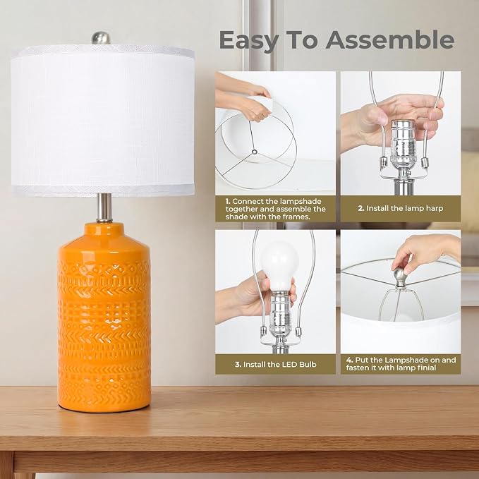 JUNNAI 25" Modern Orange Ceramic Table Lamp for Living Room Nightstand 3-Way Dimmable Farmhouse Lamp for Bedroom Bedside Entryway Tabletop Office with White Slub Fabric Lampshade (Bulb Included) - Image 6