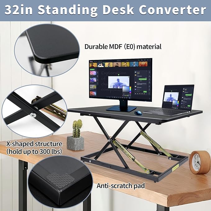 32in Desk Riser for Standing or Sitting, Large Standing Desk Converter, Height Adjustable Sit Stand Desk Converter, Fully Assembled Monitor Laptop Riser Workstation for Home Office, Black - Image 6