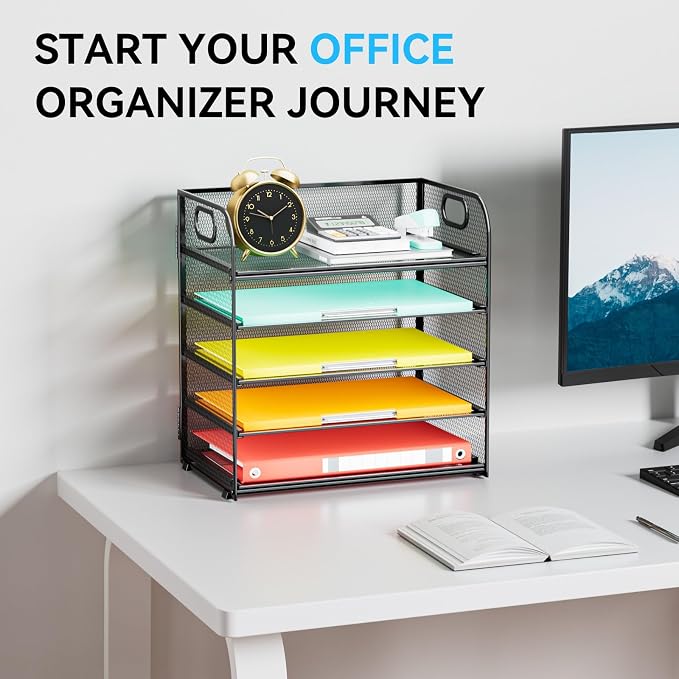 Paper Organizer Letter Tray with Handle, 5-Tier Black | Stackable Desk Organizer with Metal Mesh, Sturdy Paper Tray for Office Desk, Home & Classroom Supplies Storage - Image 7
