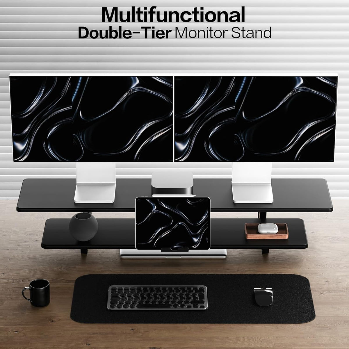 Dual Monitor Stand Riser, 2-Tier Wooden Desk Shelf with Storage, Black - Image 6