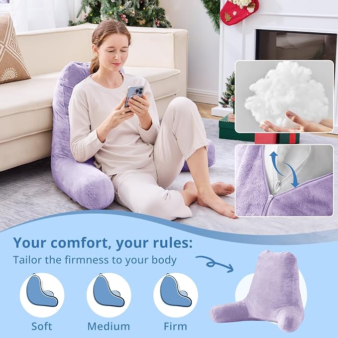 Sasttie Reading Pillow for Bed, Back Pillow for Sitting Up, Lavender | 25" Backrest Support Cushion for Couch, Sofa, and Floor, Dorm Essentials, OEKO-TEX, Adjustable Down Alternative Fill - Image 3