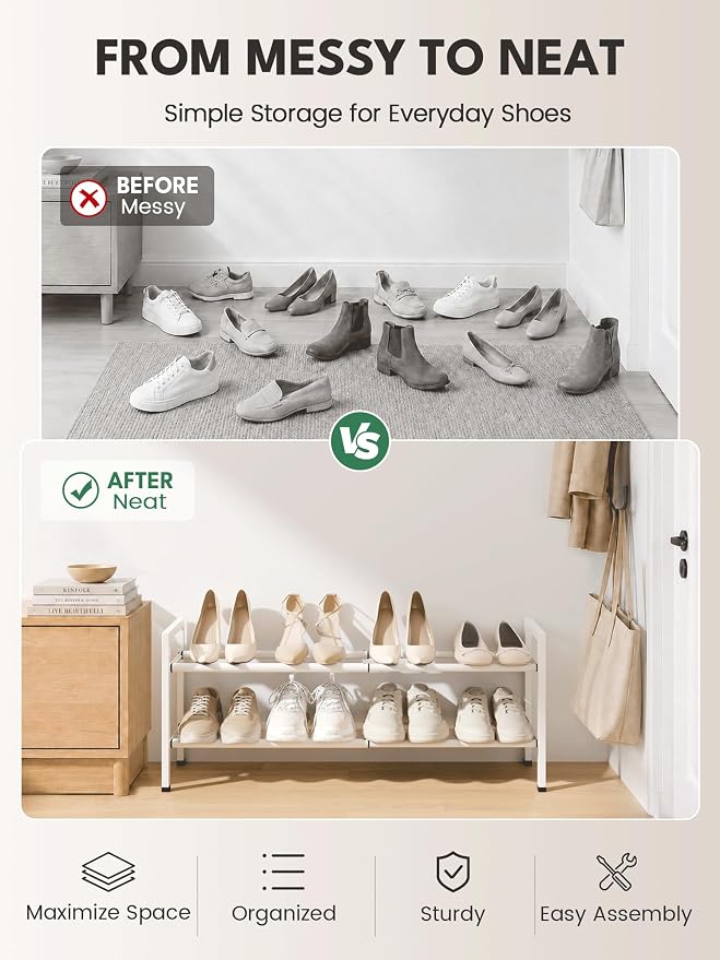 Bumusty 2 Tier Expandable Shoe Rack for Closet, White | 18"-33" Adjustable Shoe Rack for Entryway, Small Shoe Organizer for Dorm, Front Door, Sturdy Metal - Image 7