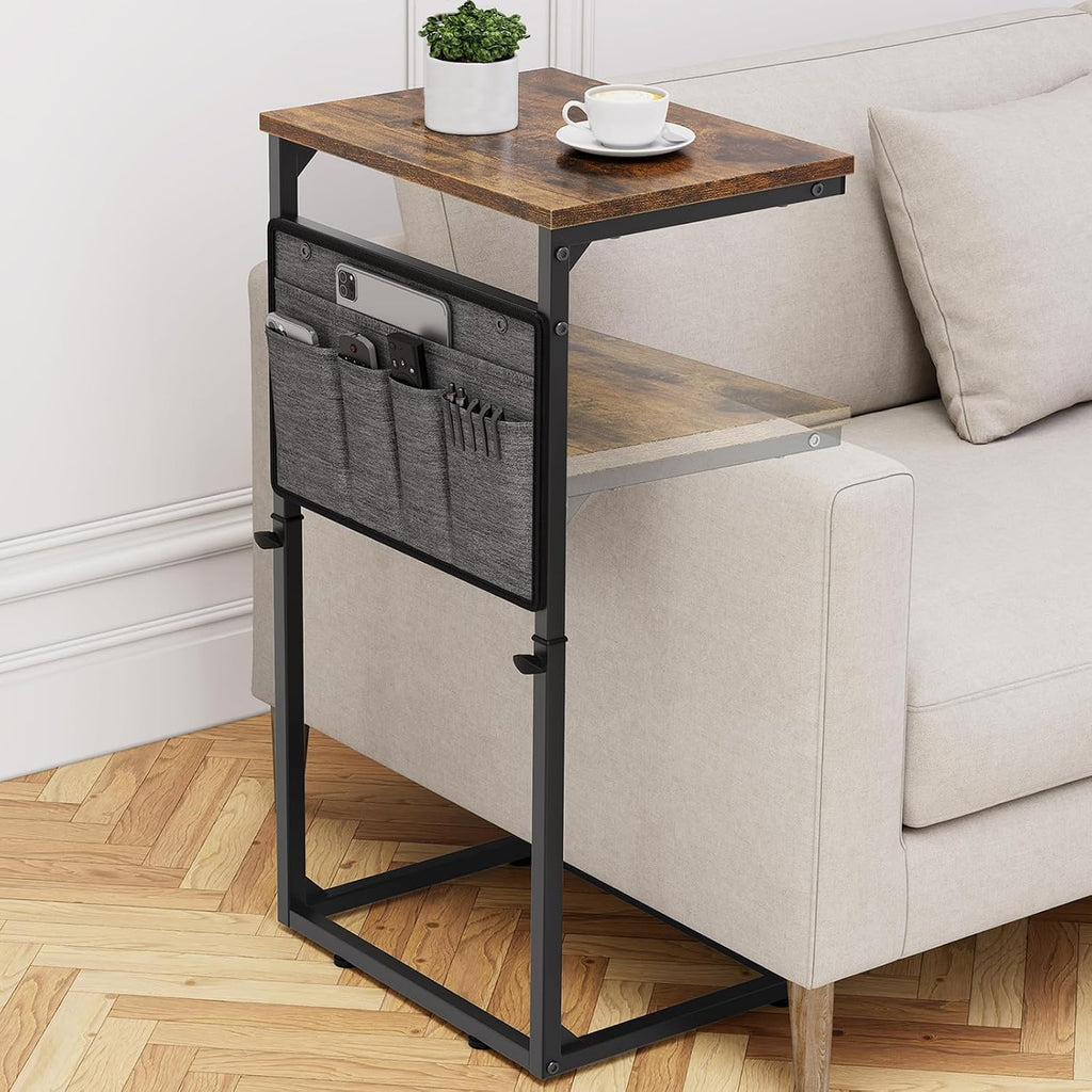 C Shaped End Table, Small Side Table for Couch, Adjustable Height Sofa Table with Metal Frame for Living Room, 33'' Tall Side Table for Couch, Bedroom, Bedside, Rustic Brown and Black by Vagusicc
