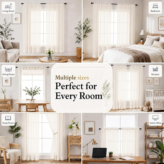 Cream Sheer Valances for Windows 2 Panels 14 Inch Length 52" Width | Window Topper Valance for Cafe Kitchen, Small Window Decor for Bedroom Living Room, Rod Pocket, Each Panel 52W x 14L - Image 8