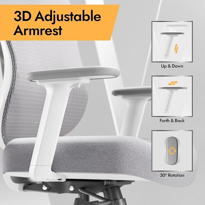 Ergonomic Mesh Office Chair - 3D Adjustable Lumbar Support & 3D Armrests, V-Shaped Back, Adjustable Desk Chair for Office & Home, White - Image 7