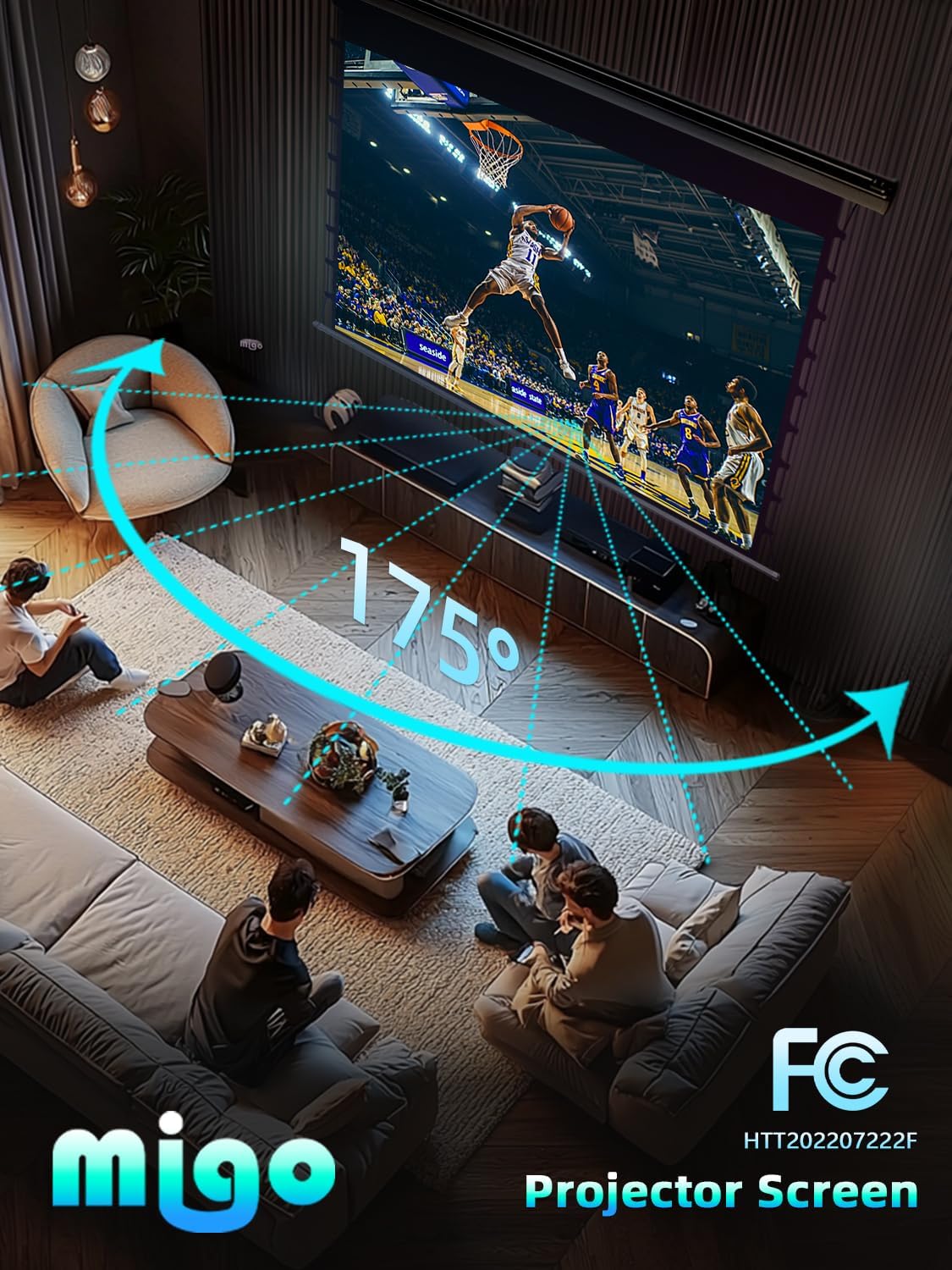 MIGO 150 Inch Pull Down Projector Screen,with Grey Crystal 2.0 Gain Partial Ambient Light Projector Screen Wall/Ceiling Mount for Ultra Short Throw Projector Movie Home Theater Cinema(Black Housing) - Image 2