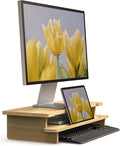 23” Bamboo Monitor Stand with Phone & Tablet Holder Desk Shelf | Monitor Riser for 40-55 Inch Desk Cozy Computer Setup Workplace Organizer Keyboard Storage Compact Ergonomic by WELLWENG