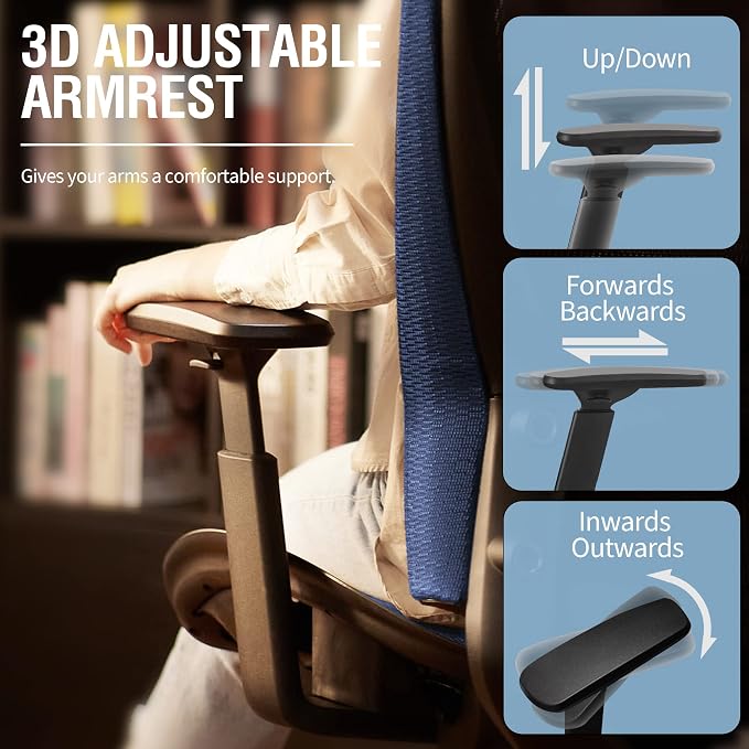 Mesh Office Chair,Ergonomic Computer Desk Chair,Sturdy Task Chair- Adjustable Lumbar Support & Armrests,Tilt Function,Comfort Wide Seat,Swivel Home Office Chair (Blue) - Image 6