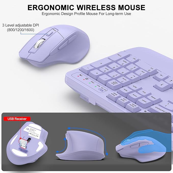 Wireless Keyboard and Mouse Combo, 2.4G Ergonomic Wave Keys(Purple) | Full Size Wave Keyboard with Wrist Rest, 3-Level DPI Adjustable Ergonomic Mouse for Windows and Mac OS Desktop/Laptop/PC - Image 4
