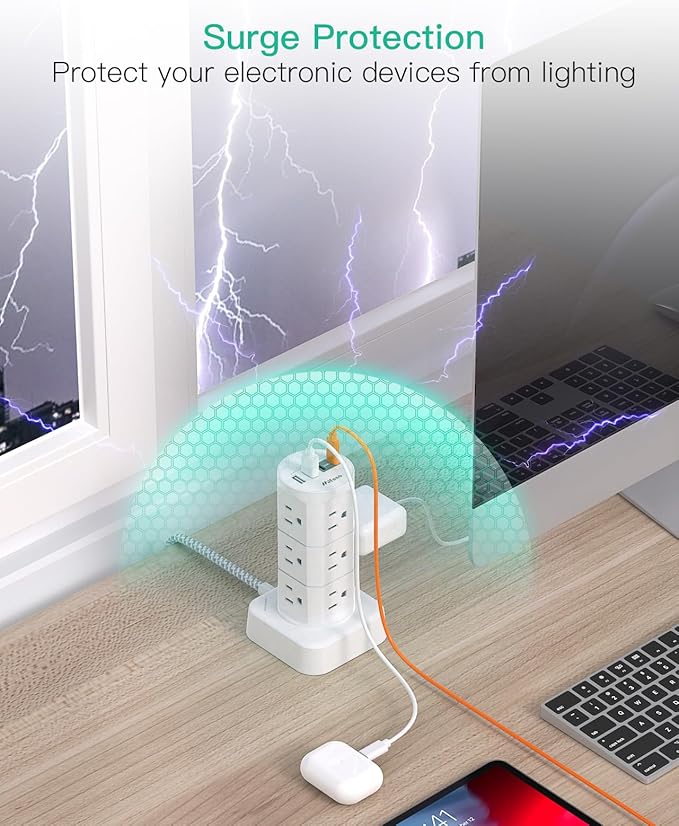 Power Strips with Surge Protection, Flat Plug Power Strip Tower | Charging Station 12 Outlets 4 USB Ports, 1080J 6Ft Extension Cord with Multiple Outlets, Office Supplies, Dorm Essentials - Image 4