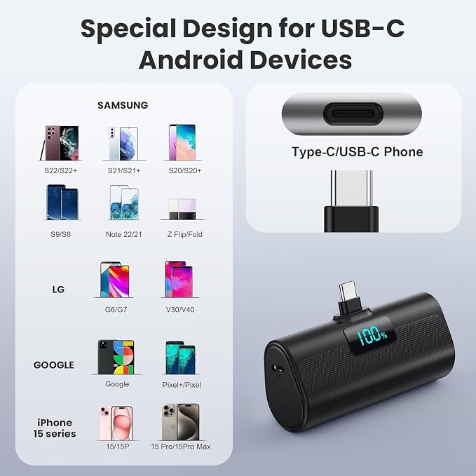 [2-Pack]Portable Charger for iPhone 16/15 Series,5200mAh PD USB C Power Bank Built-in USB-C Connector,Battery Pack Compatible with iPhone 16/16 Plus/16 Pro/16 Pro Max/15 Series,Android (Black+Pink) - Image 2