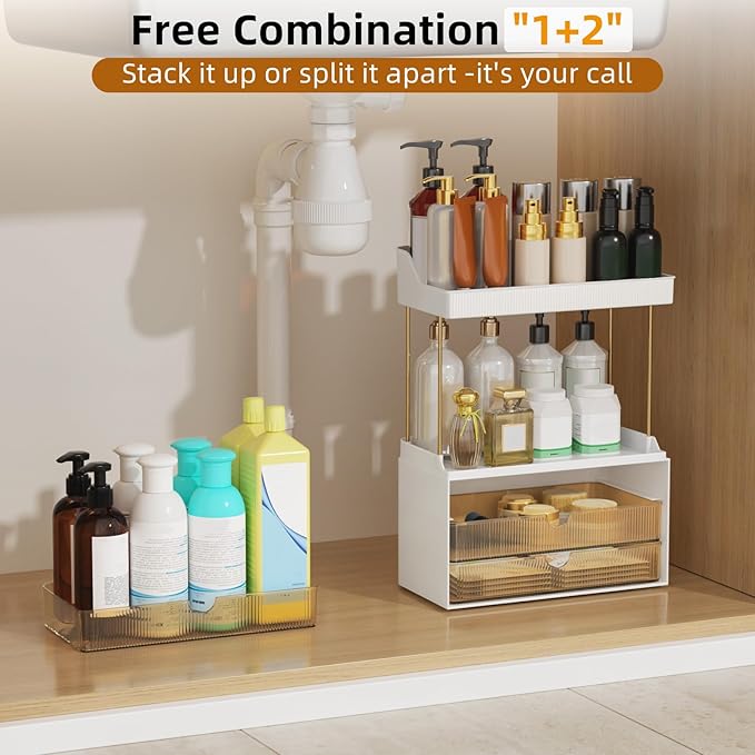 StorBin Arcylic 5-Tier Makeup & Skincare Organizer for Vanity, Bath, 2 Sets | Smooth 3 drawers, clear body, gold frame, non-slip, for perfumes, serums, face masks, palettes, vanity & bath counter,Amber - Image 7