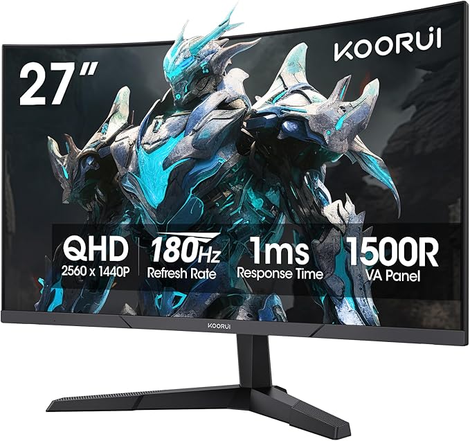 KOORUI 27 Inch Curved Gaming Monitor QHD 180Hz, 1ms 1500R VA Display | 2560×1440 Monitor, Adaptive Sync, 4000:1 Contrast, 90% DCI-P3, Eye Care, HDMI×2 and DP, VESA, FPS & Console Gaming by KOORUI